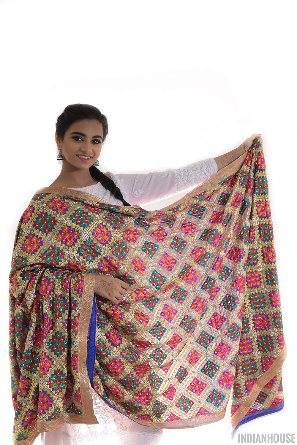 indian house women's chinnon phulkari saree (kaanta1050, blue)