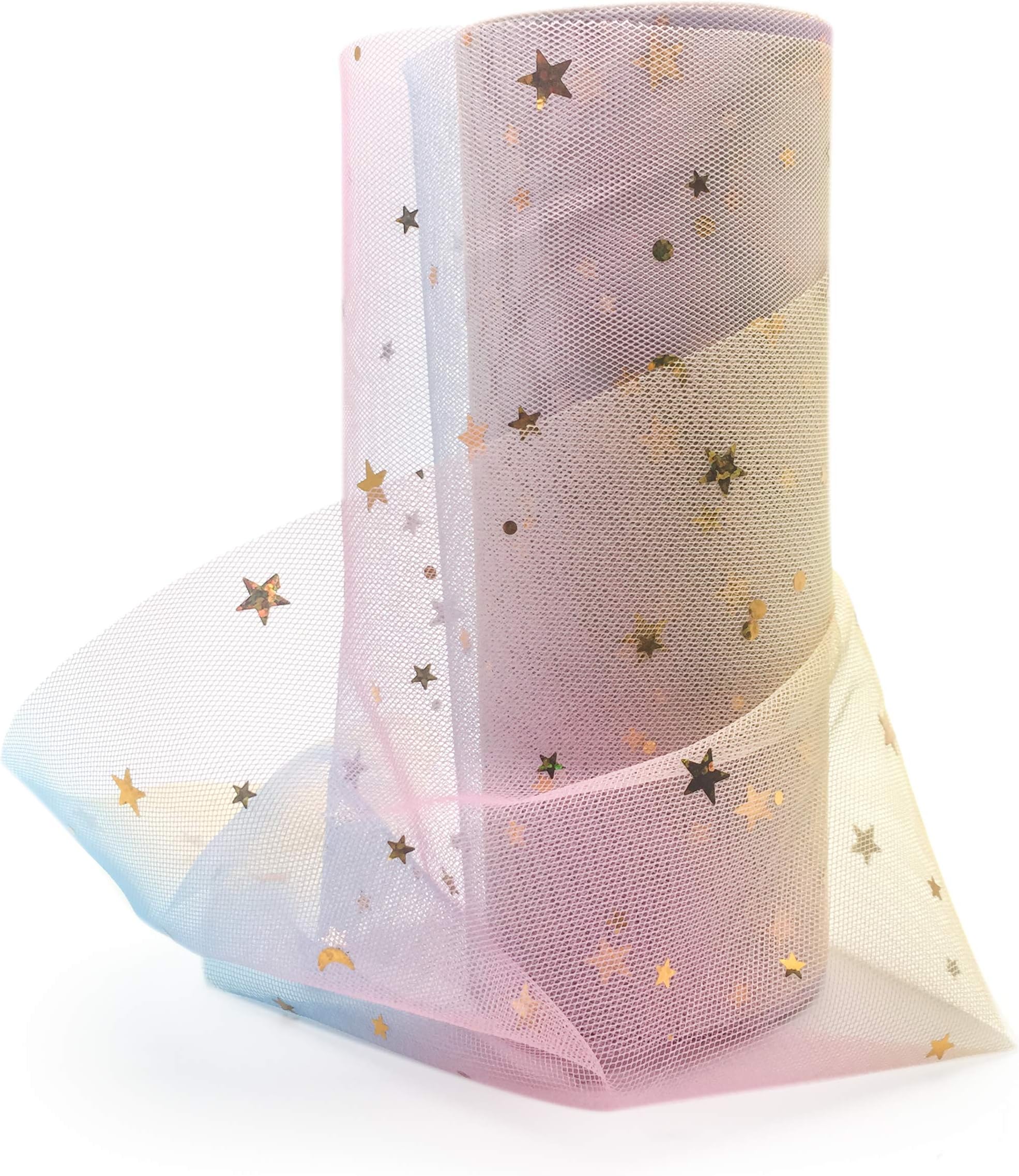 Craft Rainbow Sparkling Tulle Roll DIY Wedding Party Gift Bow Craft Sequin Fabric Spool Tutu Party Banquet Decor Gift Wrap 6" x 10Yards (Rainbow-Star Gold)