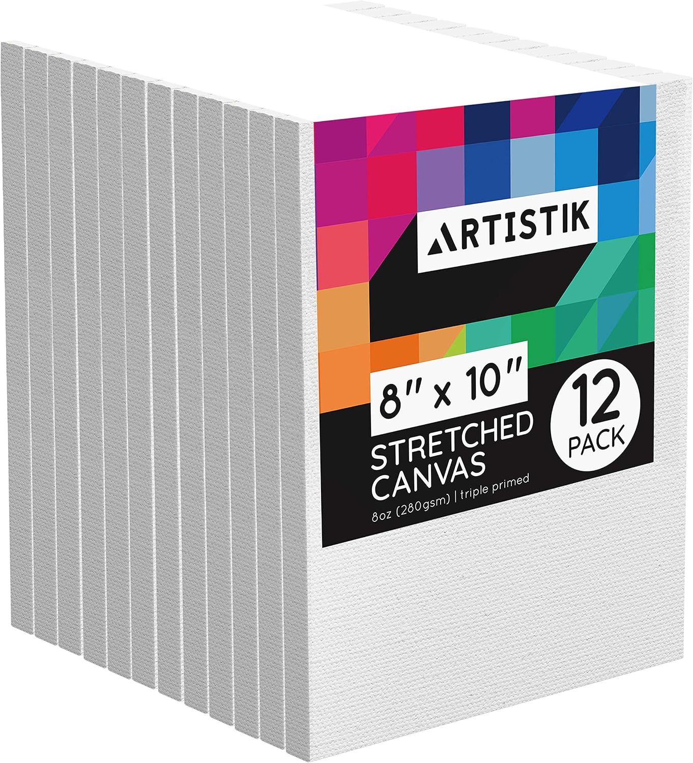 Stretched Canvas Frames - Stretched Canvas (Pack of 8-12" x 12") 100% Cotton Artist Quality Triple Primed Gesso Stretched Canvases Quality Art Paint Supply by Artistik