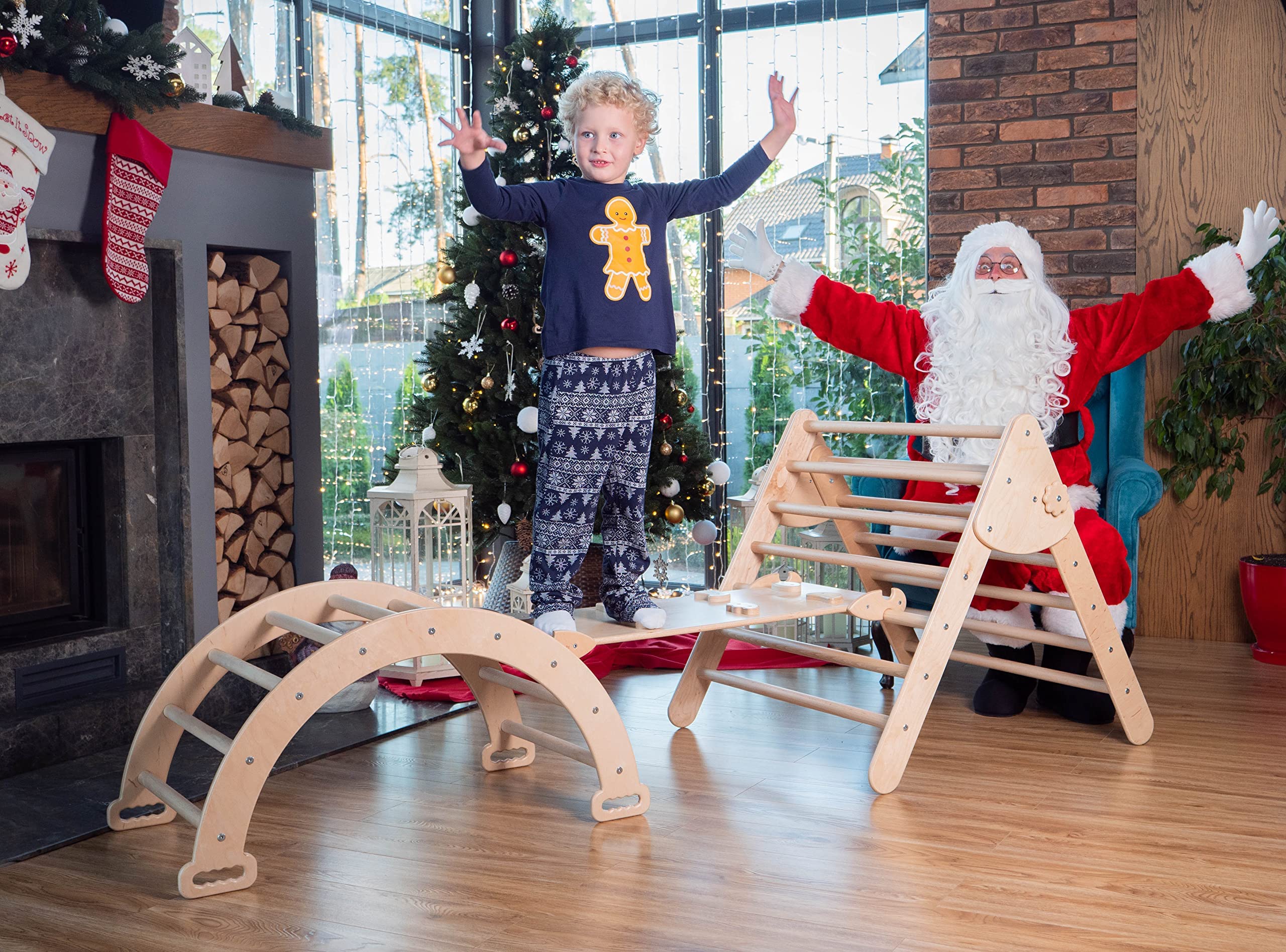 WoodandHearts Montessori Pikler Triangle Climbing Set - Foldable Climbing Triangle with Slide, Ramp, Arch - Wooden Toddler Climbing Toys Indoor Playground Jungle Gym for Kids Age 2-8