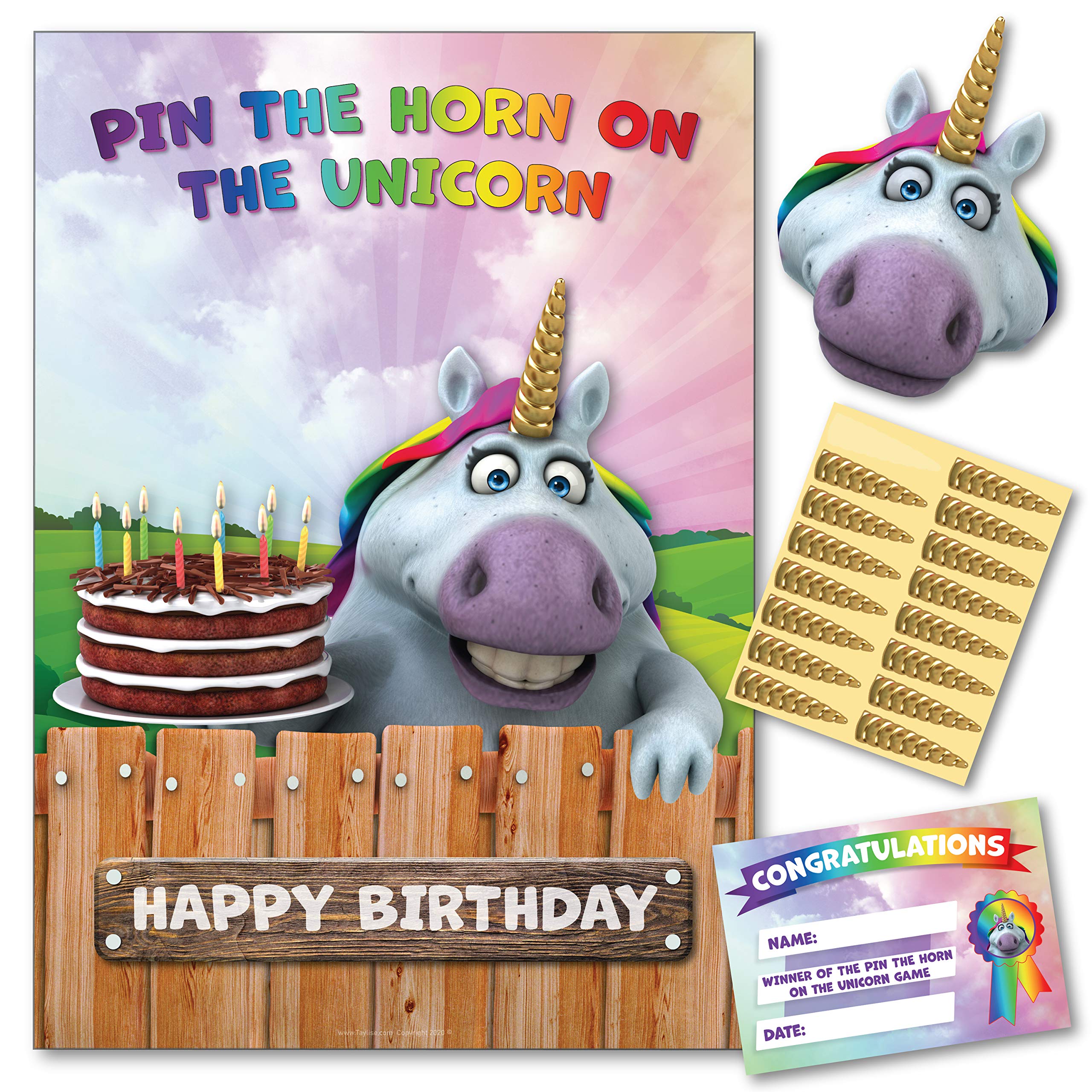 Taylise Birthday Party Game – Pin The Horn On The Unicorn – 16 Player – Blindfold, Winner Certificate and XL Poster Included for Unicorn Theme Girl Birthday Party supplies and decorations
