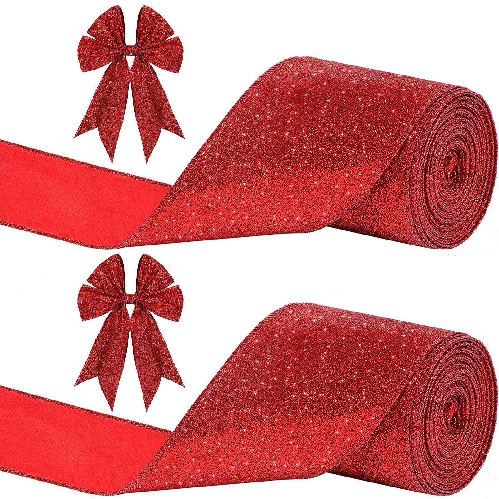 Photo 1 of 2 Rolls 20 Yards Christmas Glitter Wired Shiny Ribbon for Party Box Wrapping Decor (Red)