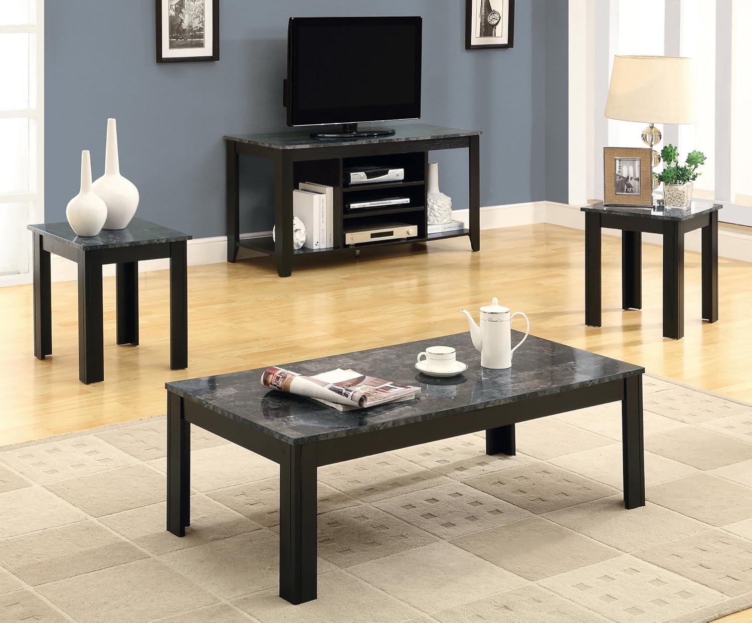 Monarch Specialties Marble-Look Top 3-Piece Table Set, Black/Grey: Furniture & Decor