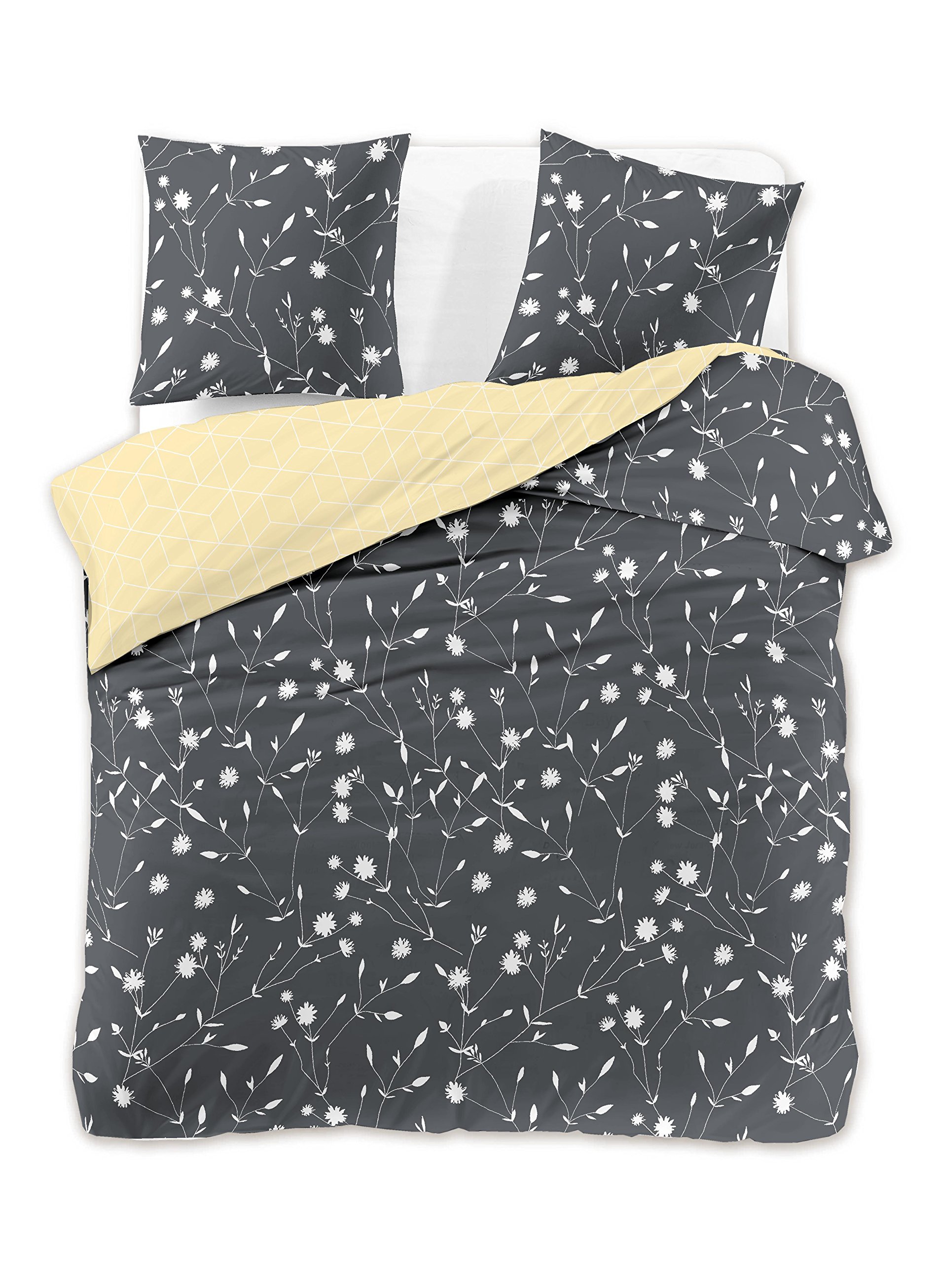 DecoKing Premium 29237 Bed Linen 230 x 220 cm 2 Pillowcases 50 x 75 cm Grey Floral Pattern Duvet Covers Renforcé Cotton Mako Satin Double-Sided Ducato Collection Dandelion Steel Anthracite White