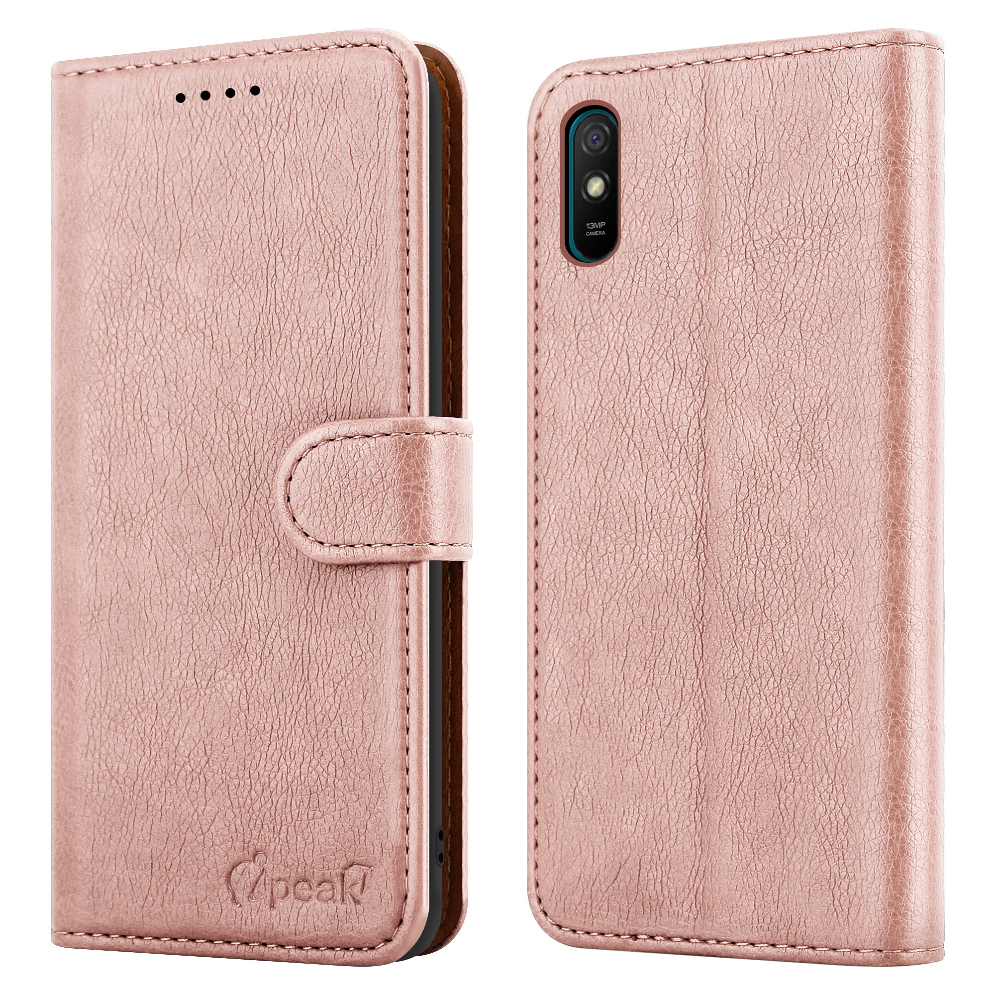 iPEAK For Xiaomi Redmi 9AT Case (6.53’’) Leather Flip Magnetic Closure Folio Book Kickstand Card Holder Wallet Cover Full Protection for Xiaomi Redmi 9AT Phone (Rosegold)