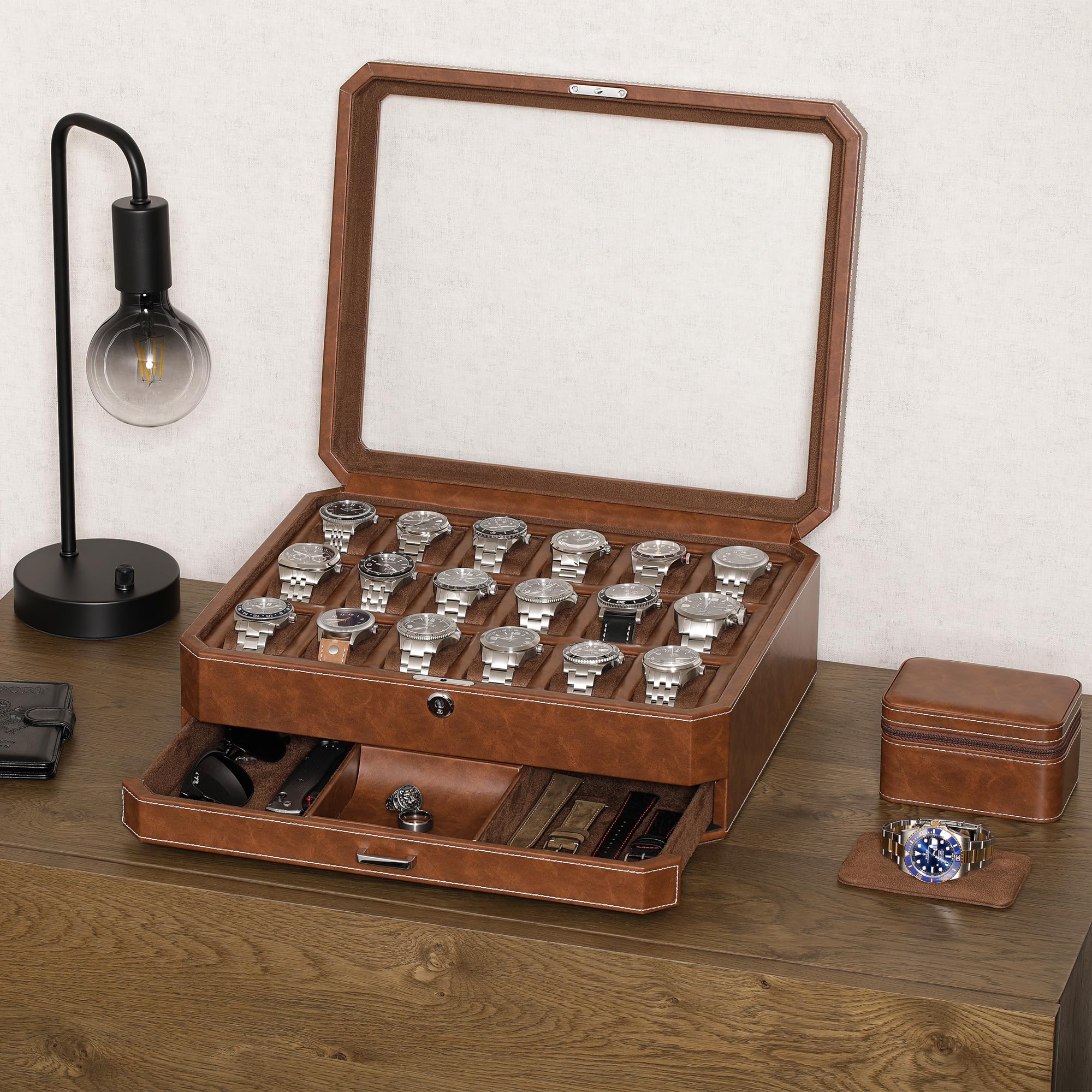 ROTHWELL ROTHWELL 18-Slot Watch Case with Drawer – Luxury Watch Box for Men, Real Glass Top, Lockable, Display Case for Collections (Tan/Brown)