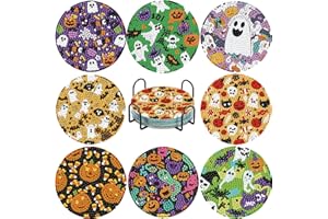 EWJRNSF 8 PCS Cute Ghost Diamond Art Coasters Kit, Small Diamond Painting Coasters, Fall Diamond Art Kits for Adults Beginners, Arts and Crafts Supplies Item Sets with Holder Scary Style