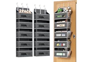 XYVOLTIC 2 Packs 5-Tier Over the Door Organizer with 10 Side Mesh Pockets, 48 lbs Load Capacity, 3 Hooks Design, Hanging Storage Organizer with Clear Windows for Bathroom, Bedroom, Nursery, Kitchen-Grey