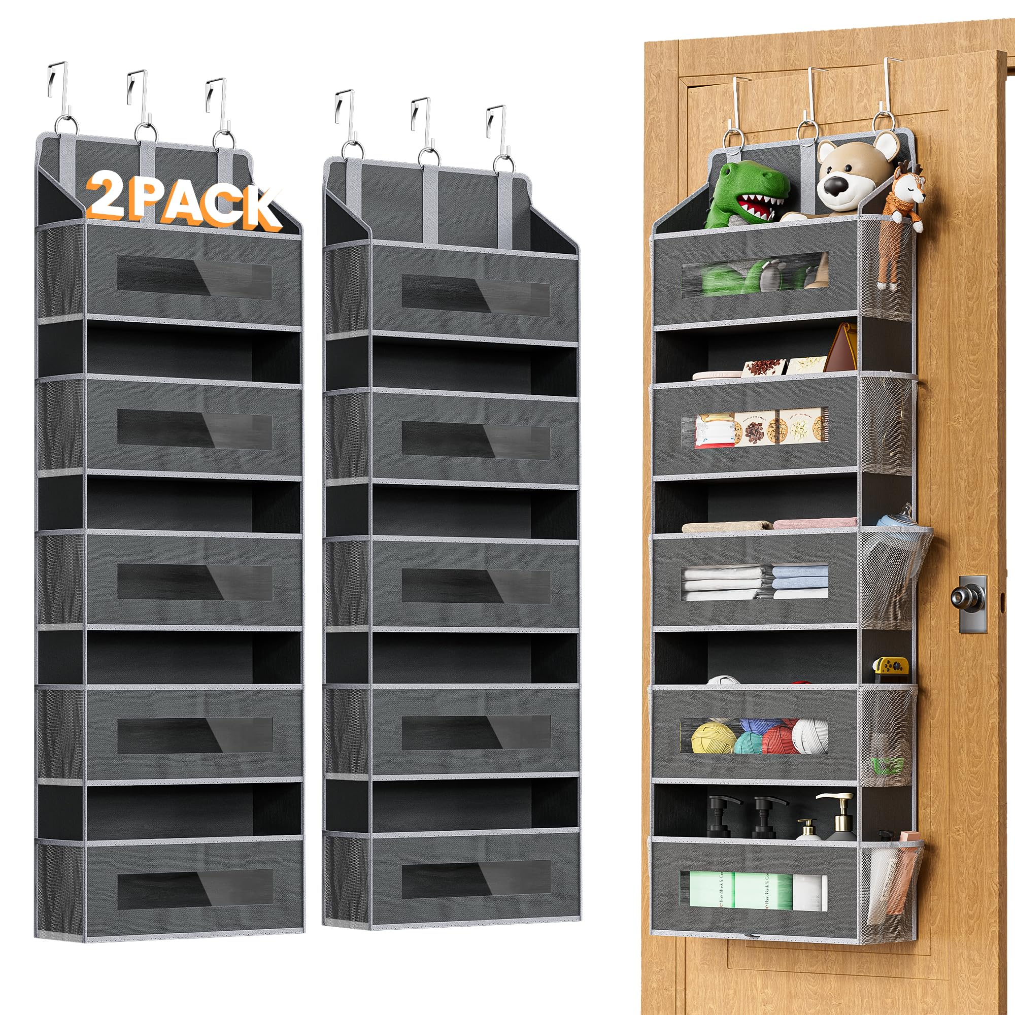 Photo 1 of 2 Packs 5-Tier Over the Door Organizer with 10 Side Mesh Pockets, 48 lbs Load Capacity, 3 Hooks Design, Hanging Storage Organizer with Clear Windows for Bathroom, Bedroom, Nursery, Kitchen-Grey