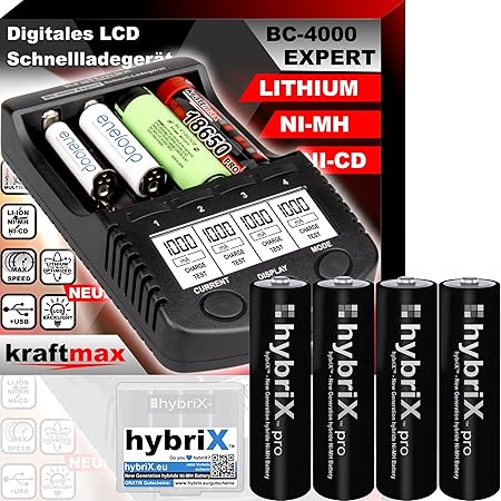 Original BC-4000 EXPERT Ladegerät + 4 hybriX Pro BLACK Mignon AA Akkus - SET mit Ladestation und Akku Batterien in kraftmax P