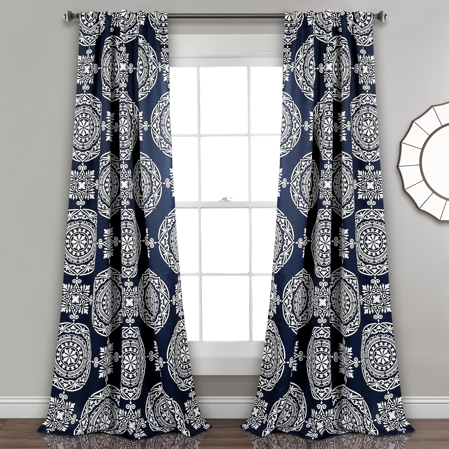 Lush Decor Kamren Medallion Room Darkening Window Curtain Panel Pair, 84" X 52", Navy