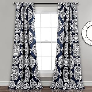 Lush Decor Kamren Medallion Room Darkening Window Curtain Panel Pair, 84" X 52", Navy