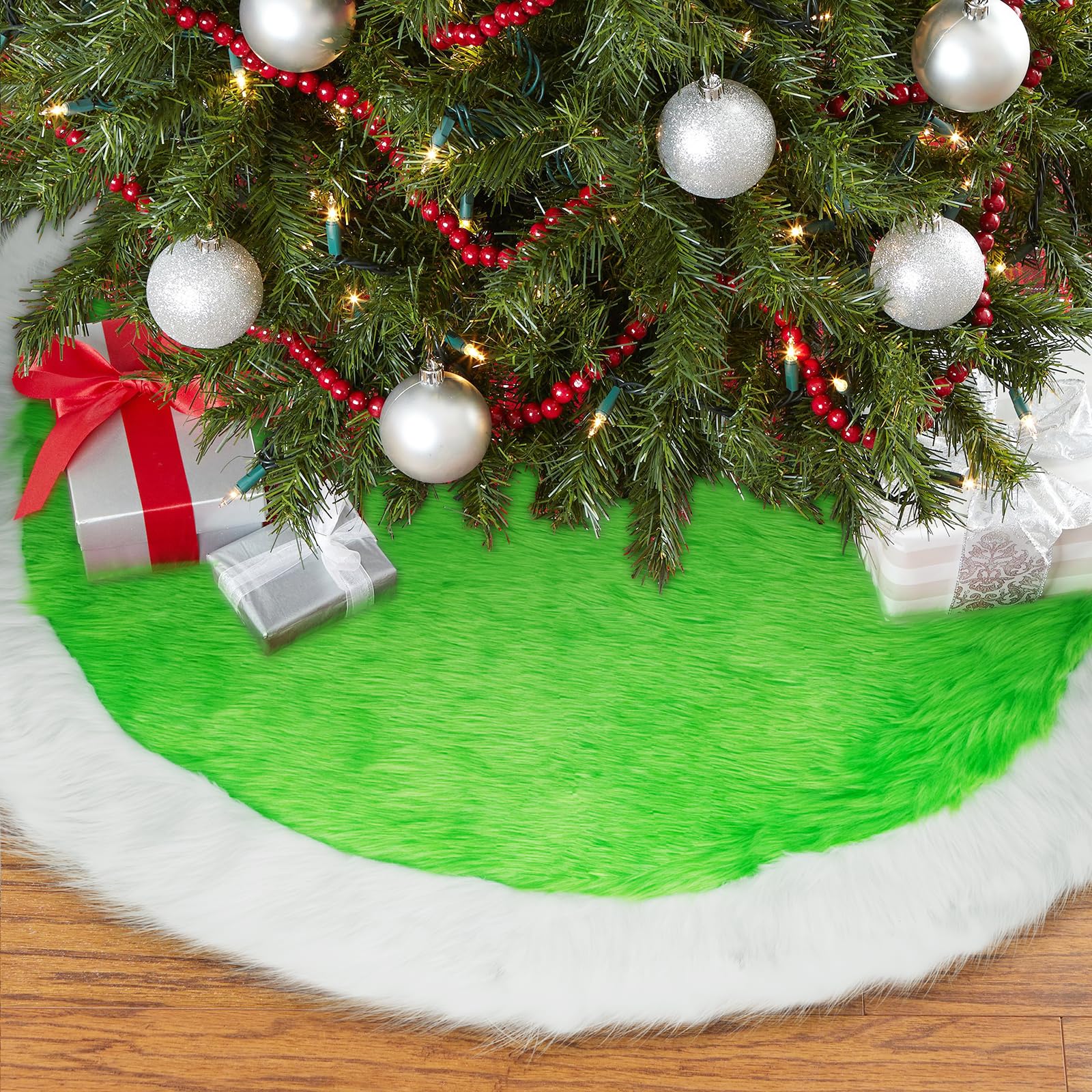 Photo 1 of 24 Inch Faux Fur Christmas Tree Skirt Soft Plush Tree Mat Thick Green Velvet and White Plush Tree Skirts Christmas Theme Decorations Fluffy Tree Skirts Xmas Holiday Party Indoor Decorations, Green