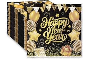 Peryiter 100 Pcs Happy New Year Napkins 2026 New Year's Eve Napkins 13 x 13 Inch Black Gold Paper 2 Ply Disposable for Cocktail Holiday Paper for Party Decoration (Vivid)