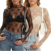 VELISDE Women's Long Sleeve Lace Tops Mesh Tops Sheer Layering Top Sexy Mock Neck Floral See Through Shirt Blouse