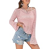 Womens Crochet Off The Shoulder Tops Bell Sleeve Summer Sweaters Boho Top Lightweight Knit Beach Cover Up