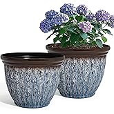 Ultym 15" Large Flower Pots, 2-Pack Big Plastic Planters for Outdoor Plants | Plant Pot with 3D Textures, Artistic Floating Blue Brown Glaze, Weather-Resistant for Porch, Garden, Patio Yard or Indoor Use