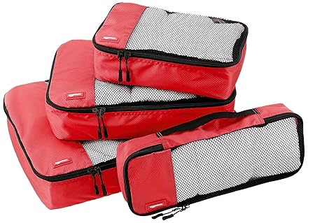 AmazonBasics Kleidertaschen-Set, 4-teilig, je 1 kleine, mittelgroße, große und schmale Packtasche, Rot