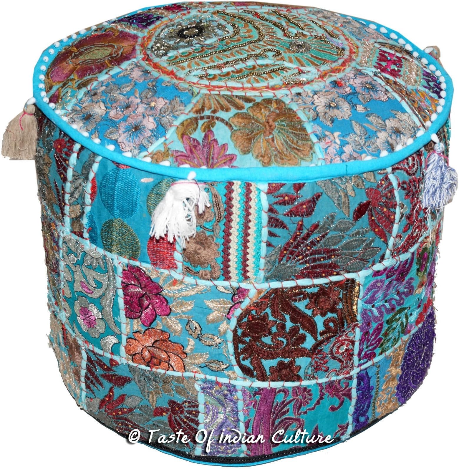 Turquoise Blue 18" Round Ottoman Pouf Stool Chair Bohemian Seating Indian Decor