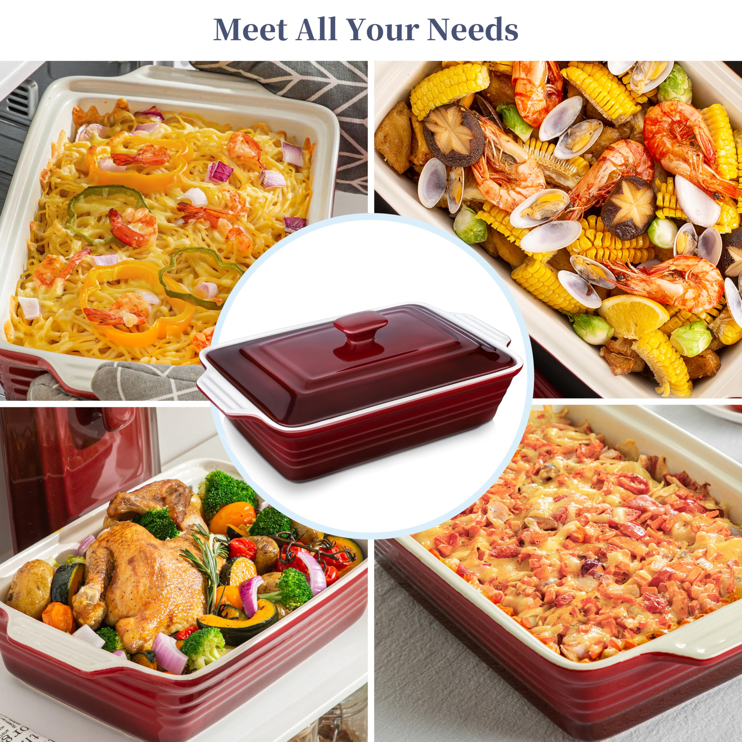 LOVECASA 4.5 Quart Ceramic Casserole Dish with Lid, 9x13 Baking Dish for Oven, Lasagna Pan Deep with Handles, Stoneware Bakeware, Oven & Dishwasher Safe, Gradient Red