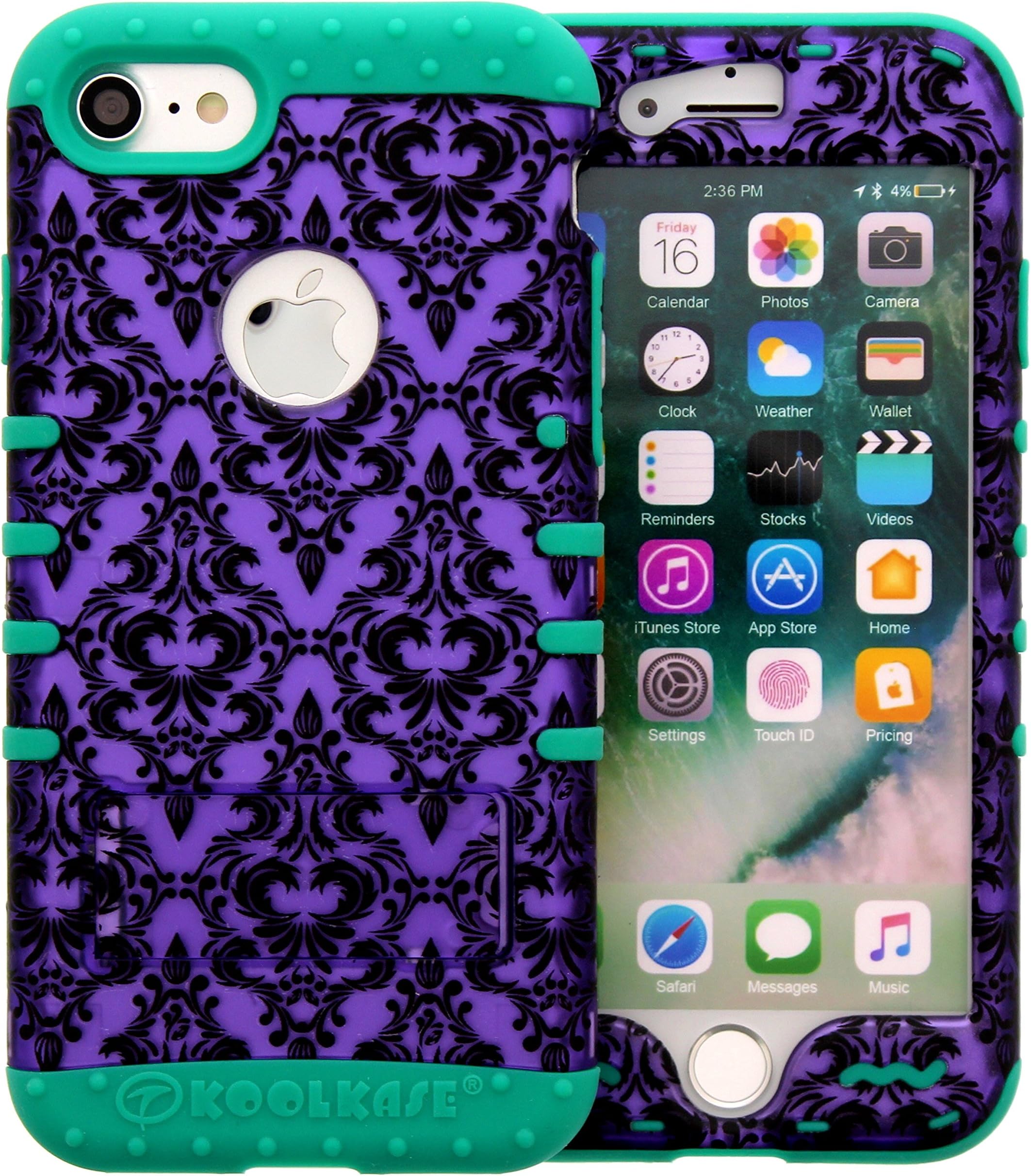 iPhone 7 Case, Hybrid Tough Armor Shockproof Impact Kickstand Cover On Purple Damask Over Skin for iphone 7 (p damask/teal)