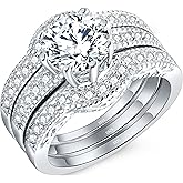 MABELLA Jewelry 2.50 Cttw Halo Round White Cubic Zirconia 925 Solid Sterling Silver Trio Classic Engagement Wedding Band Ring Sets Gifts for Women