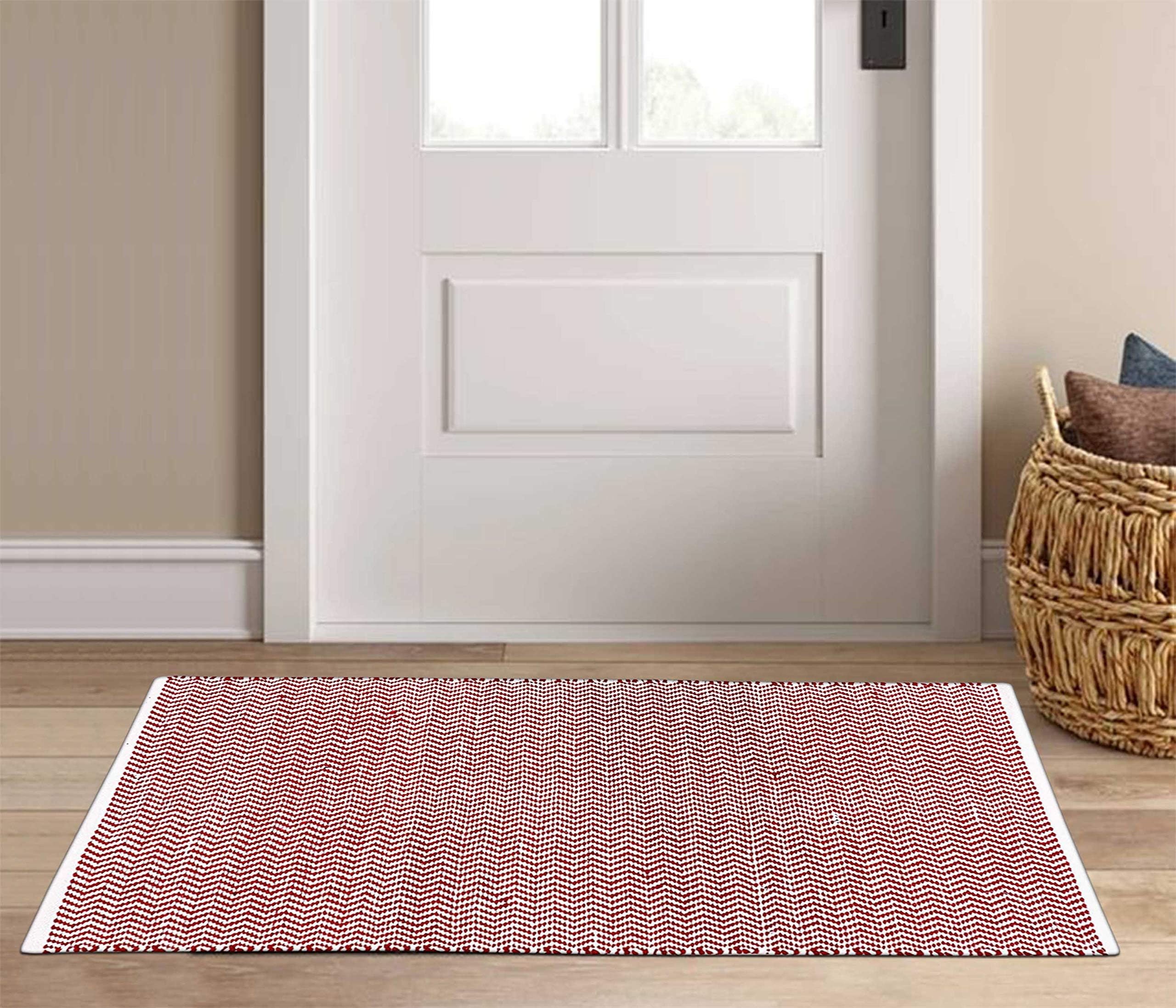 The Home Talk Hand Woven 100% Cotton Chevron Contemporary Throw Runner Rug- Geometric Fully Reversible Machine Washable (24”x48”, Red)
