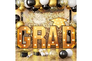 Paeyeq Marquee Light Up Letters Grad, Black Gold Grad Letters with Lights for Graduation Decorations, Giant Mosaic Letter Frame Graduation Cap Lights for Class of 2024 Party High School College Grad