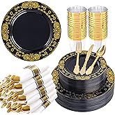GATHER 350PCS Black and Gold Plastic Plates - Gold Disposable Dinnerware Set Include 50 Dinner Plates, 50 Dessert Plates, 150 Gold Plastic Silverware, 50 Napkins, 50 Cups for Wedding & Party