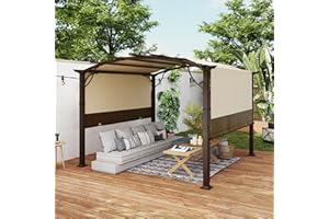 LUXIJOY 10 x10 Arched Outdoor Pergola Patio Metal Pergola for Deck, Outdoor Retractable Pergola with Canopy and Hardware, Small Aluminum Pergola with Canopy Fixed in Various Positions (Brown)