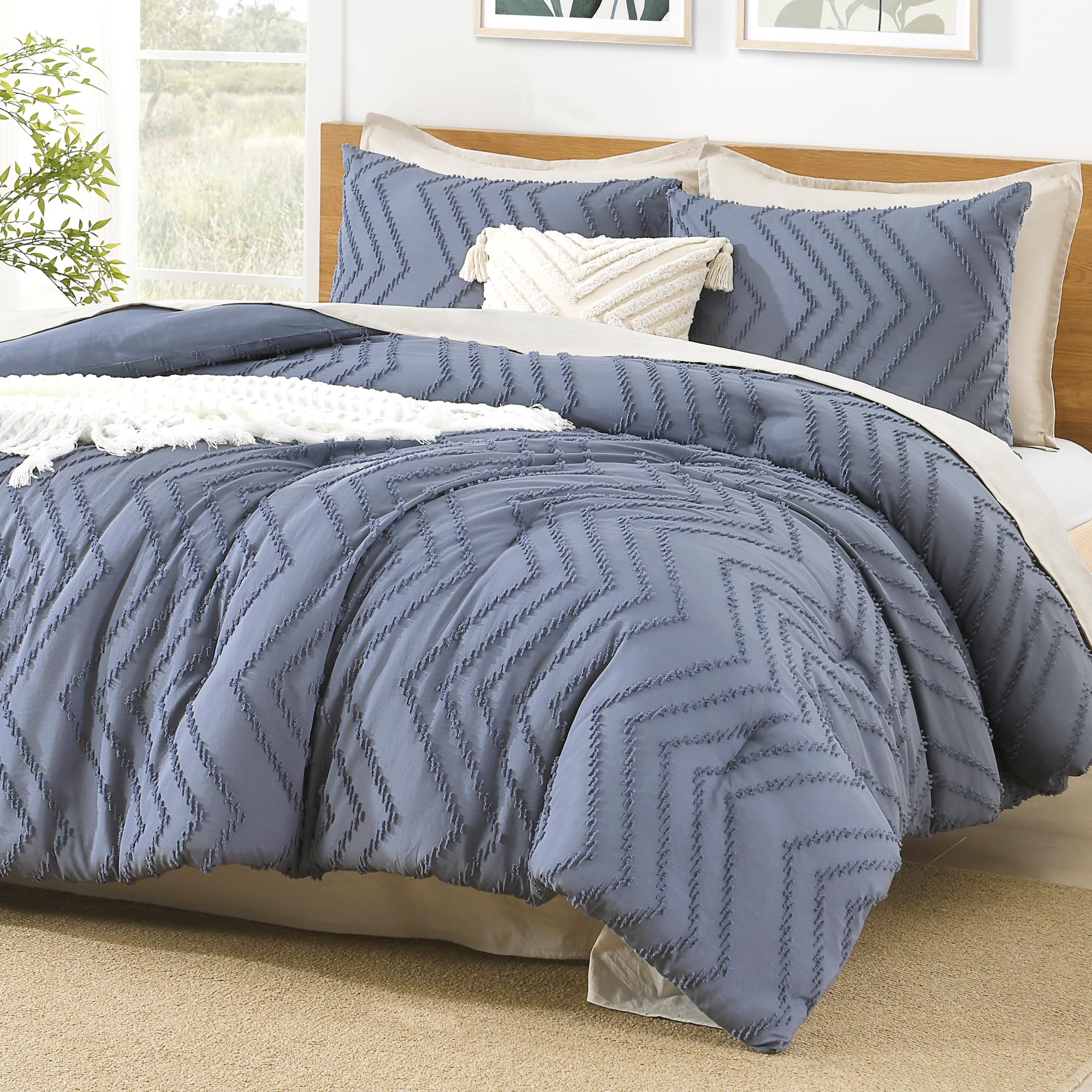 Photo 1 of Litanika Comforter Super King Size Set Bluish Grey, 3 Pieces Chevron Tufted Solid Bedding Comforter Sets, Fluffy Bed Set