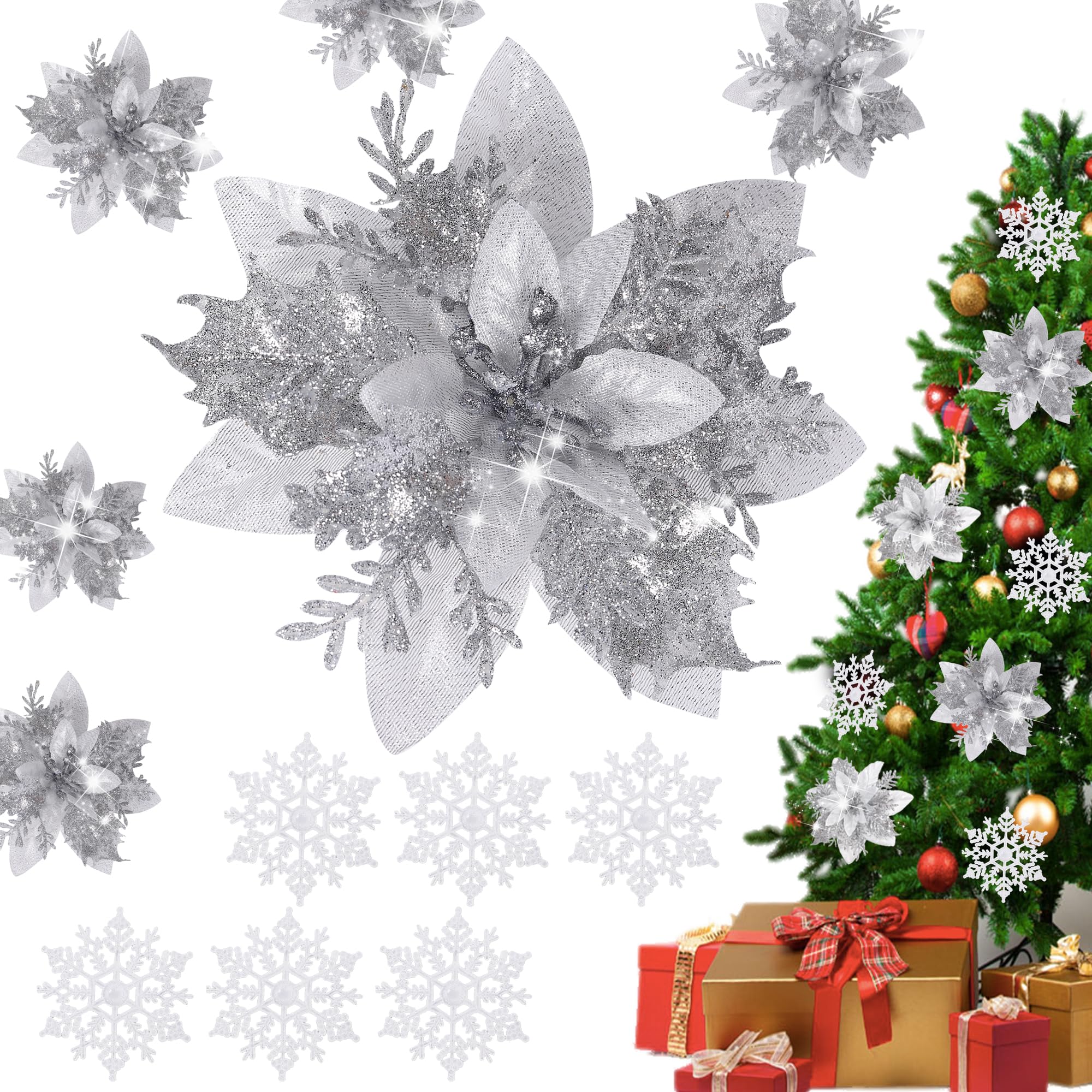 EJunee 12 Pcs Christmas Glitter Poinsettia Flower, Artificial Christmas Tree Flower with 6Pcs Glitter Snowflake Ornaments Decoration for Xmas Tree Wedding Party Wreath Decoration (Silver)
