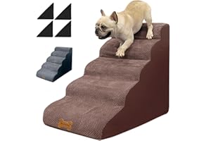 NECRELY Dog Stairs for Small Pets to High Beds, 5 Steps 24 Inch Pet Ramp for 18-30 Inch Couch-Bed, 2 Pcs Brown & Grey Washable Cover, Non-Slip Balanced 33D Ramp for Old Large Dogs & Cats