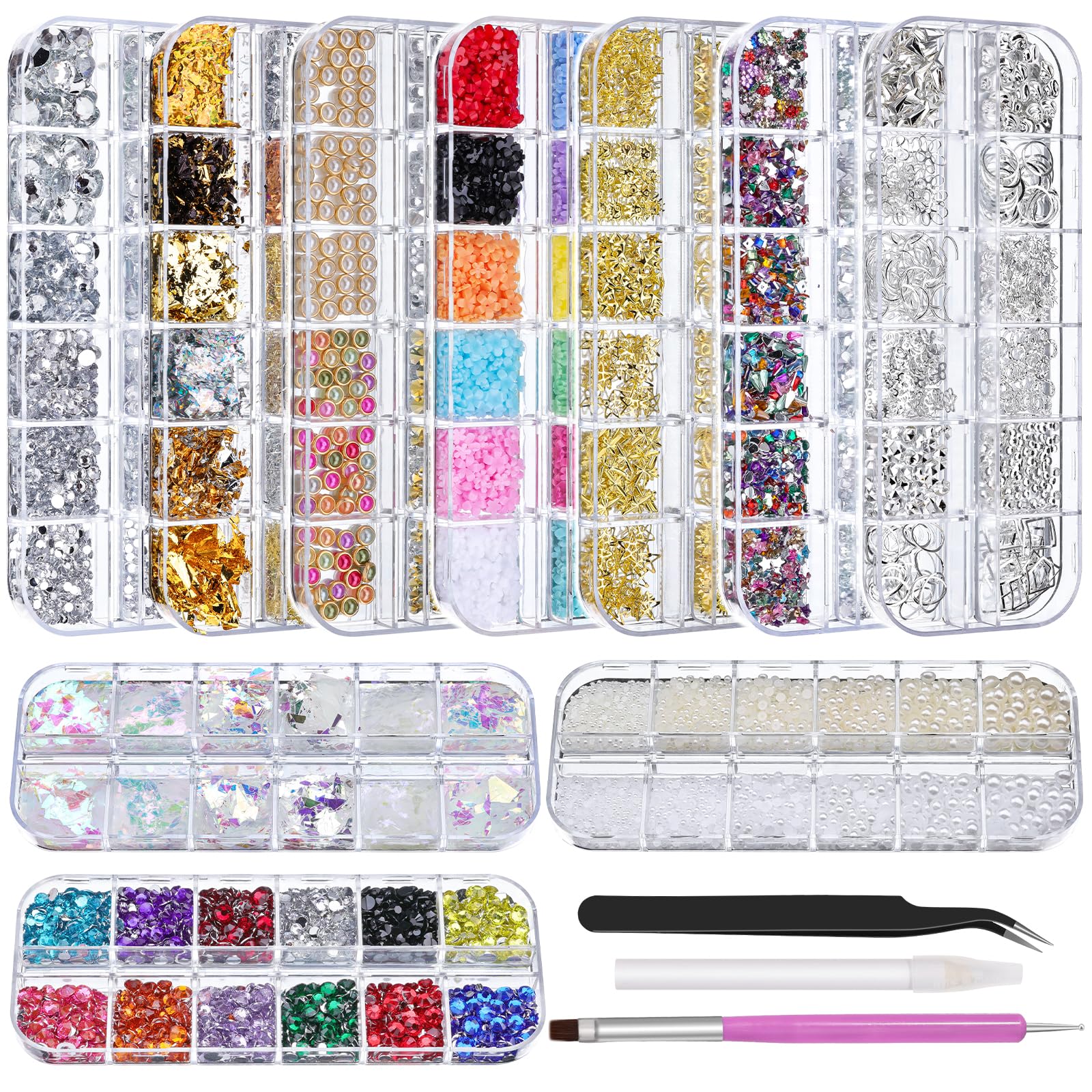 Photo 1 of 10 Boxes Nail Rhinestones Gems Kit,Gold/Silver Metal Studs,Mixed Sizes Flatback Crystals Rhinestones,Half Pearls,Sequins,Foil Flakes with Tweezers & Dotting Tools for DIY Manicure