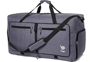 Bago Large Foldable Duffel Bags for Traveling Women & Men - 80L Packable Duffle Bag for Travel with Shoe Compartment - Water Repellant, Heavy Duty, Lightweight Folding & Collapsible (SnowBlack)