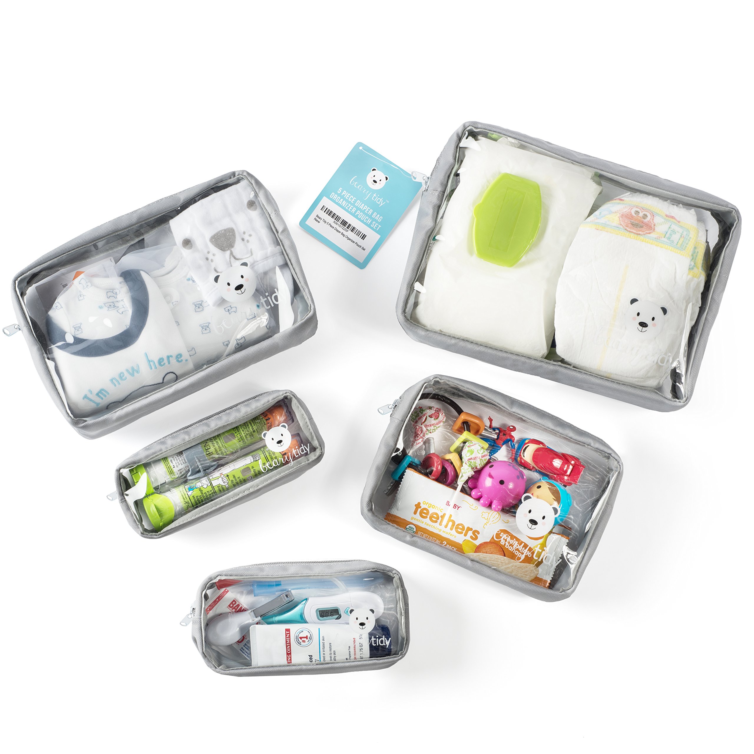 5 Piece Diaper Bag Organizer Pouch Set, Clear with Zippers and Nestable
