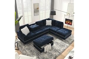Olodumare Living Room Furniture Sets,L-Shape Sectional 3-Seater Sofa with Extra Wide Reversible Chaise, Storage Ottoman and Cup Holders and Copper Nails,2 Pillows,Navy Blue