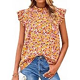 PRETTYGARDEN Women Button Down Boho Shirts Floral Ruffle Cap Sleeve Mock Neck Flowy Casual Summer Blouses Tops