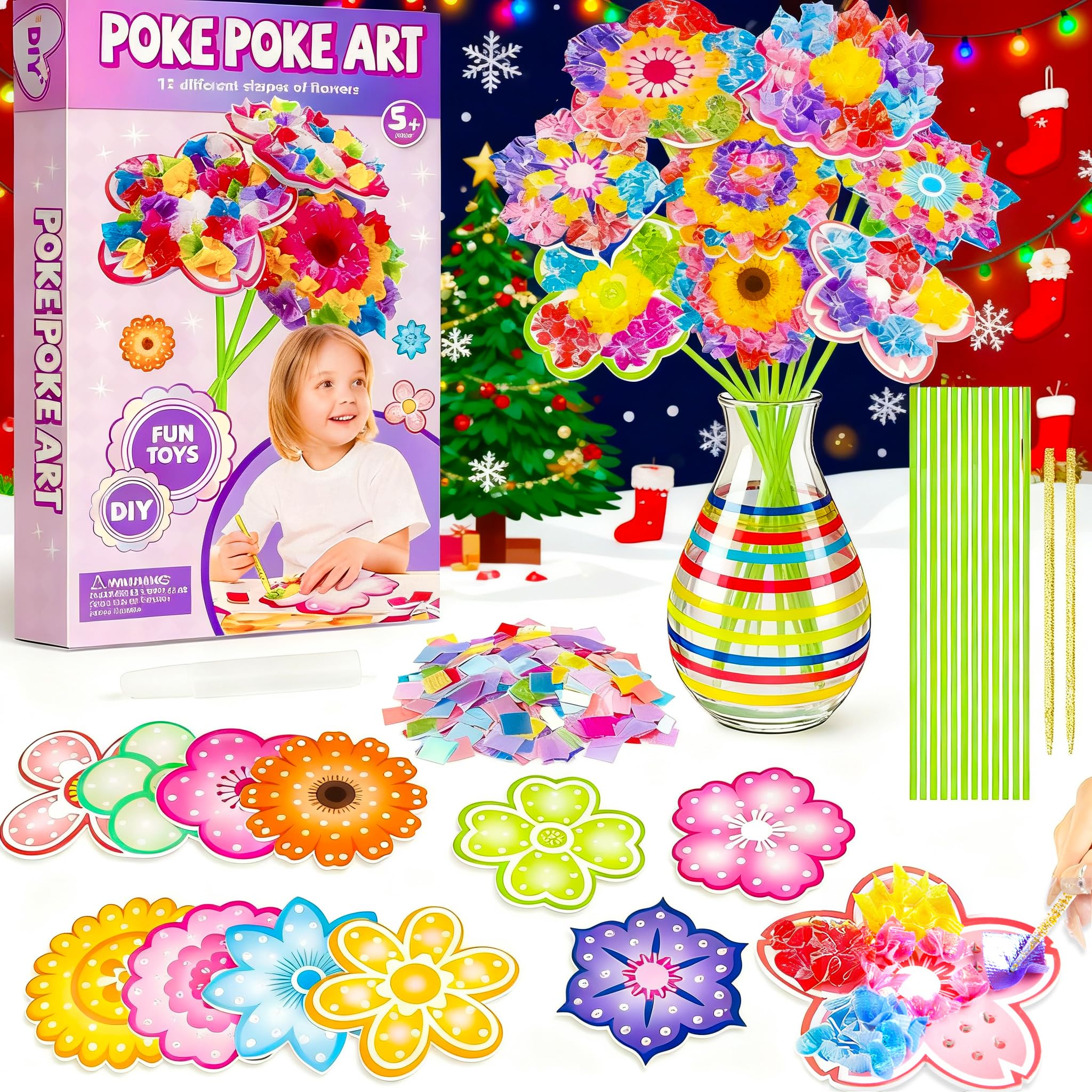 RIEYON Poke Poke Art - Flower Bouquet Kits for Kids, 12 Flowers Art and Craft DIY Creative Activity Crafts Kits, Mess-Free Fun for Kids, Birthday Christmas Gifts for Girls & Boys Ages 5, 6, 7, 8, 9,10