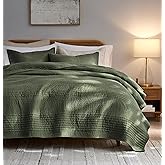 palassio Striped Olive Green 100% Cotton Quilt Queen Size Bedding Sets, Lightweight Crinkly Channel Pick Stitch Textured Bedspread Soft Shabby Chic Farmhouse Country Coverlet for All Season, 2 Shams
