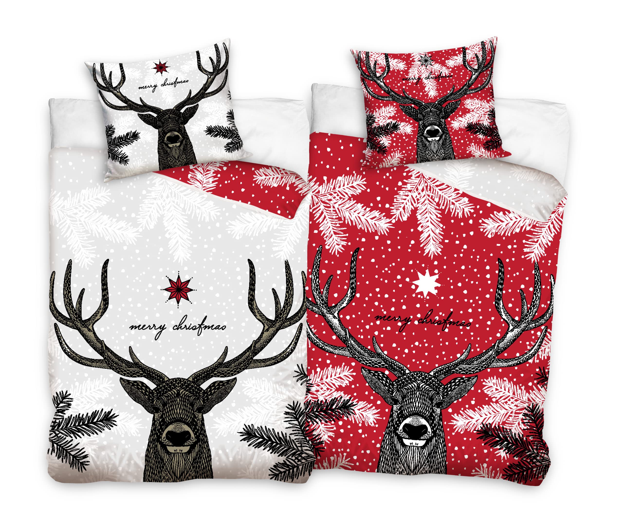 Familando Reversible bed linen set, 135 x 200 cm, 80 x 80 cm, with winter motif, Christmas, red deer, deer, 100% cotton, Christmas decoration, partner bed linen, 2-piece (red/white)