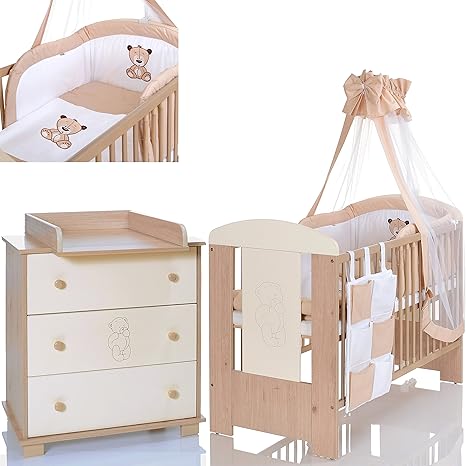 Baby- und Kinderzimmer Möbel Set Bär Beige; Kinderbett 120x60; Wickelkommode; 9 tlg Bettwäsche Set
