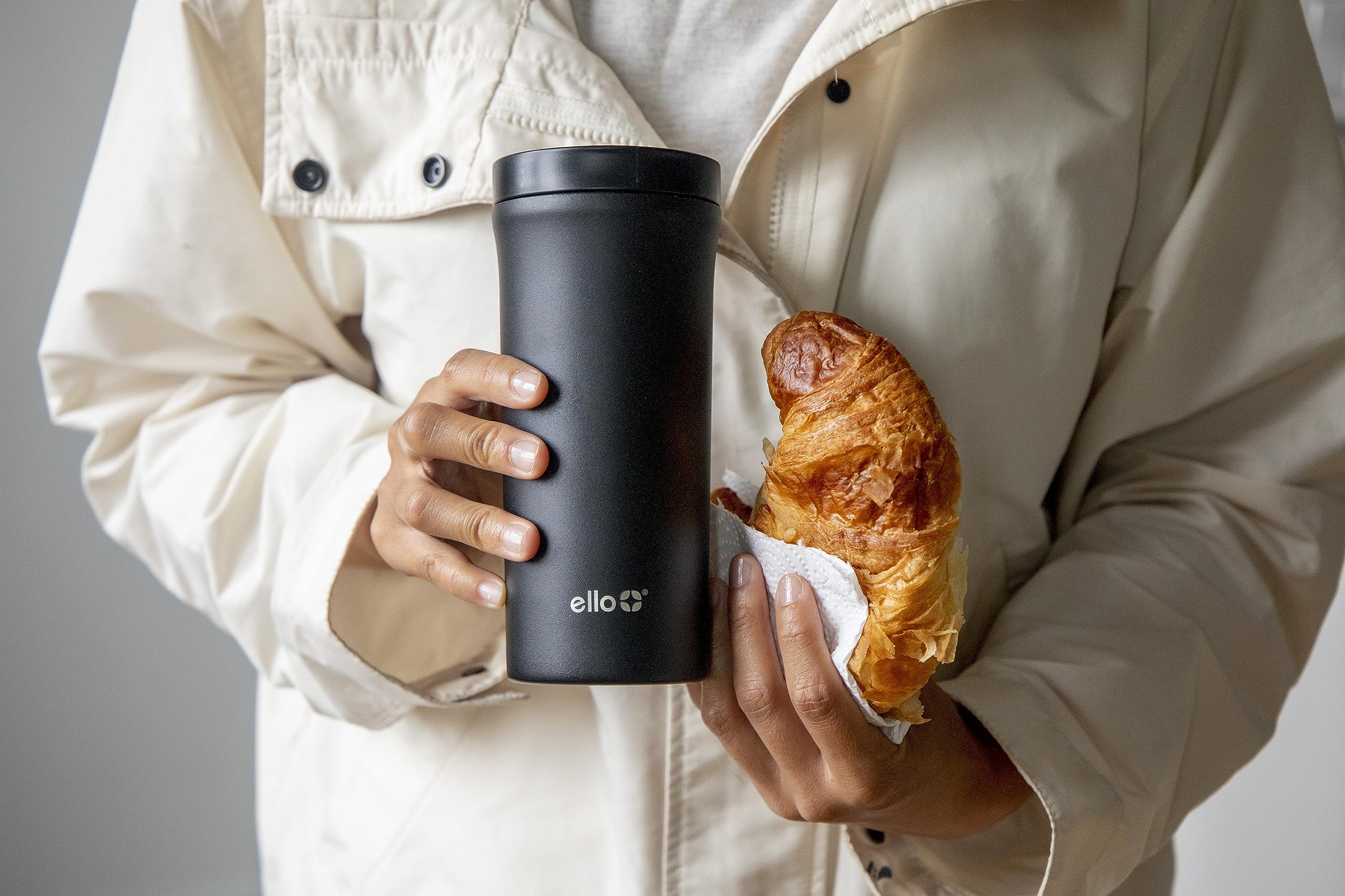 Ello Arabica 14oz Vacuum Insulated Stainless Steel Powder Coat Travel Mug with Leak-Proof Slider Lid, Keeps Hot for 5 Hours, Perfect for Coffee or Tea, BPA-Free Tumbler, Black