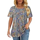 Womens T Shirts Short Sleeve Tops Casual Pleated Front Blouses Flowy Scooped Neck Summer Outfits