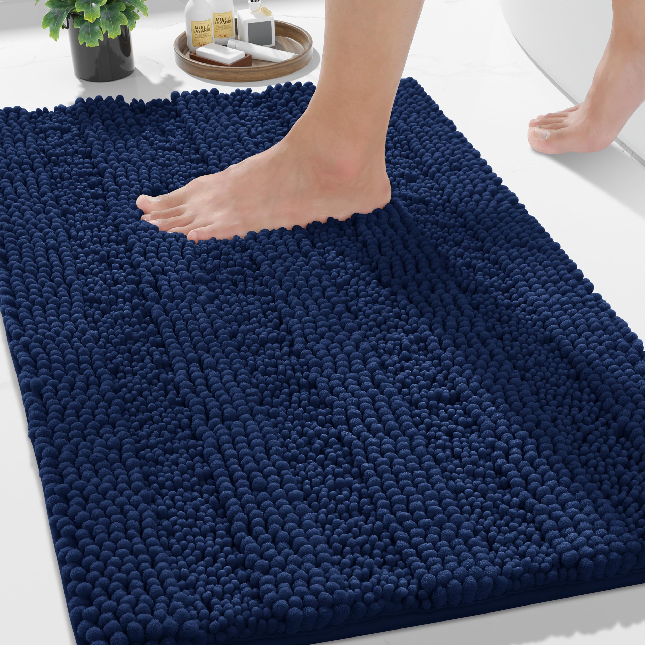 Photo 1 of Yimobra Navy Blue Bathroom Rug Mat, Non Slip Quick Dry Bath Mats, Extra Thick and Super Absorbent Bath Rugs, Luxury Microfiber Chenille Plush Fluffy Washable Soft Shower Carpet for Floor, 24" x 17"