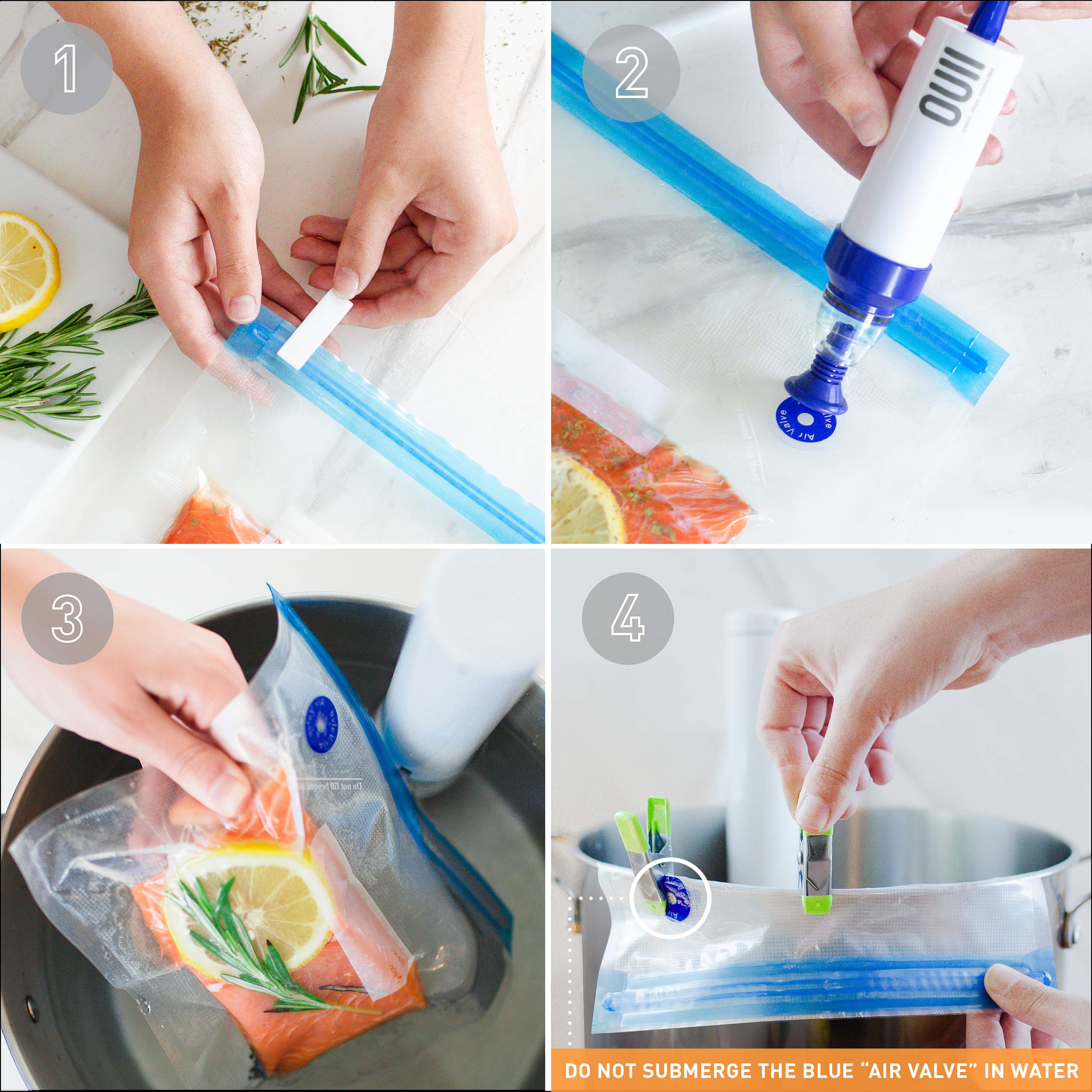 Sous Vide Bags for Joule and Anova Cooker - 20 Pieces Kit with Vacuum Sealer Bags, Hand Pump, Clips - 3 Bag Sizes, Food Storage, Meal Prep - Fits Any Sous Vide Cooking Machine