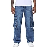 MZNBURAM Men's Non-Stretch Loose Fit Wide-Leg Baggy Cargo Jeans Pants