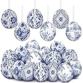 Simgoing 24 Pcs Chinoiserie Easter Hanging Eggs Hanging Ornaments Fabric Wrapped Decorative Eggs Blue and White Chinoiserie Easter Tree Ornaments for Home Spring Party Basket Filler