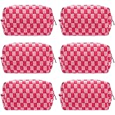 PAZIMIIK Checkered Makeup Bag for Purse Portable Zipper Make Up Pouch Small Cosmetic Case for Travel Accessories (6PCS Hotpink)