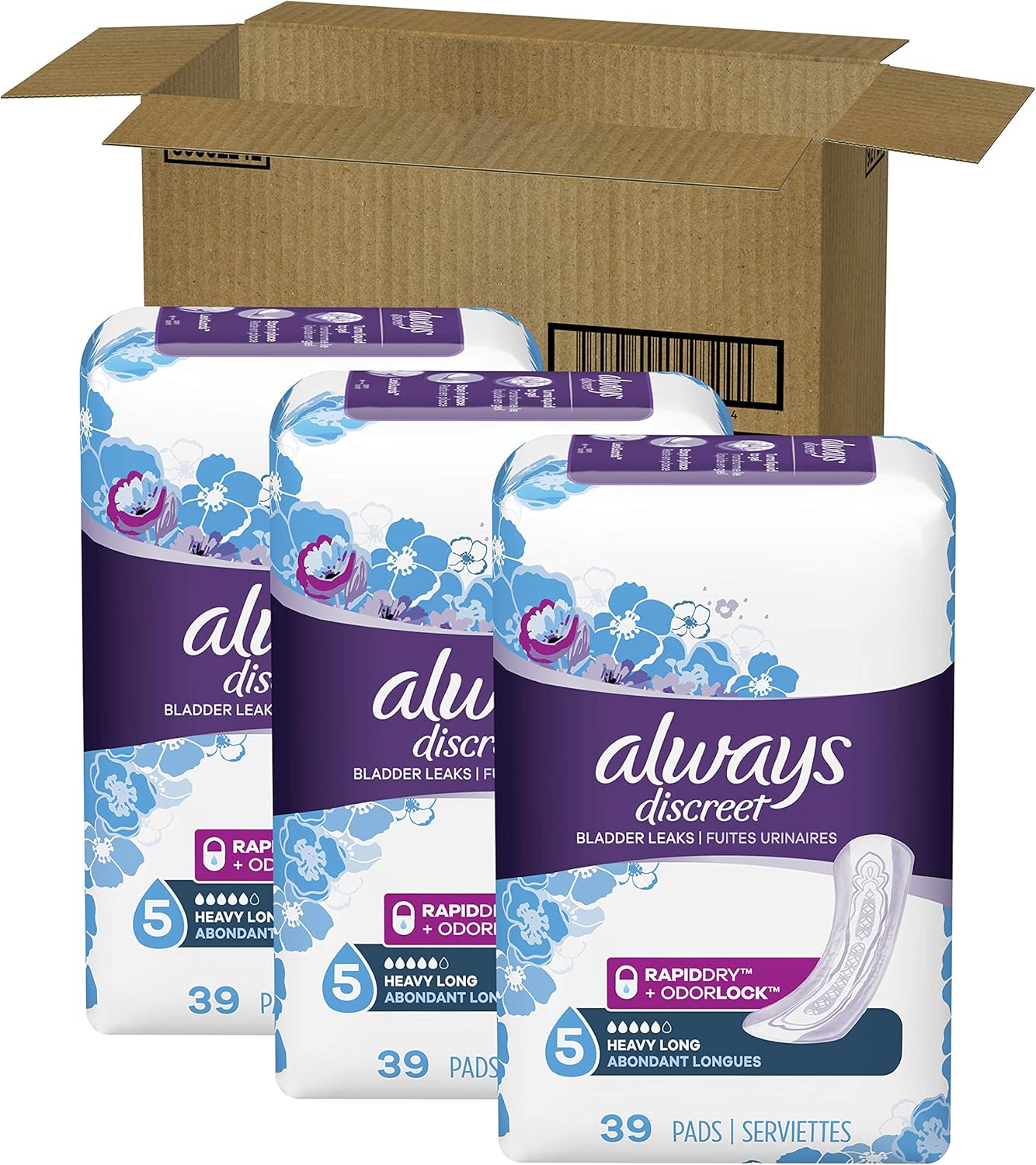 Always Discreet Incontinence Pads for Women, Maximum Absorbency, Long Length, 39 Count - Pack of 3 (117 Total Count) (Packaging May Vary): Health & Personal Care